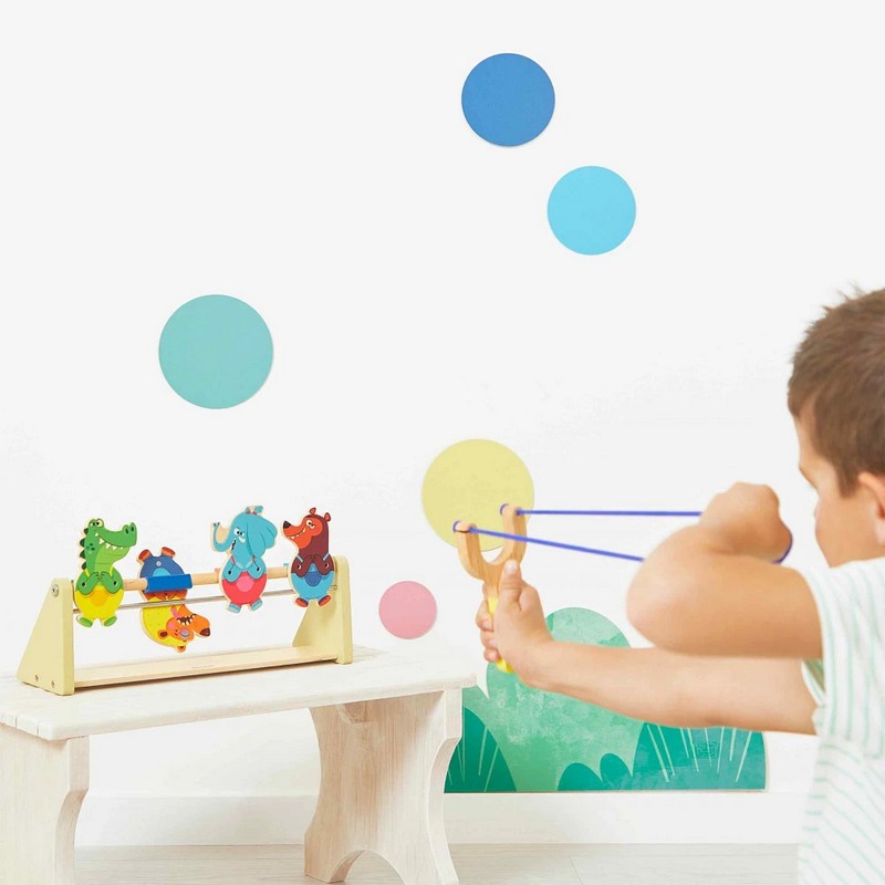 Gioco per bambini tiro al bersaglio con fionda in legno, con 4 animali e 2 palline, perfetto dai 5 anni in su